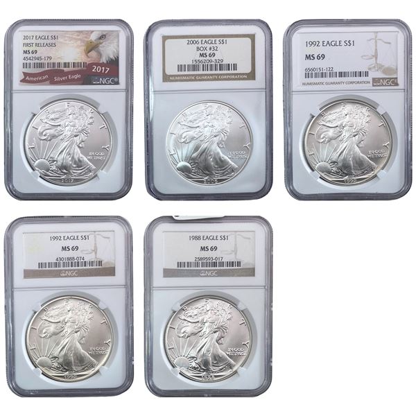 1988-2017 GEM BU Silver Eagle [5 Coins] NGC MS69