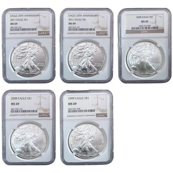 1999-2011 GEM BU Silver Eagle [5 Coins] NGC MS69
