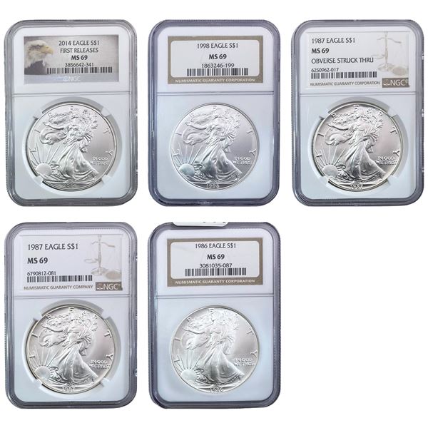 1986-2014 GEM BU Silver Eagle [5 Coins] NGC MS69