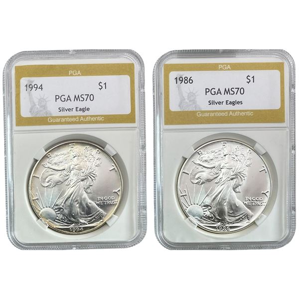 1986,1994 GEM BU Silver Eagle [2 Coins] PGA MS70