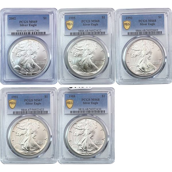 1988-2001 GEM BU Silver Eagle [5 Coins] PCGS MS67-69