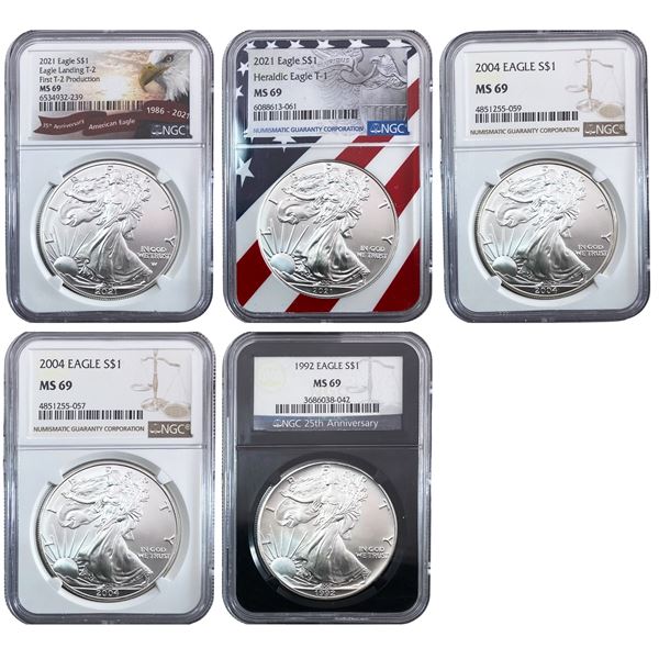 1992-2021 GEM BU Silver Eagle [5 Coins] NGC MS69