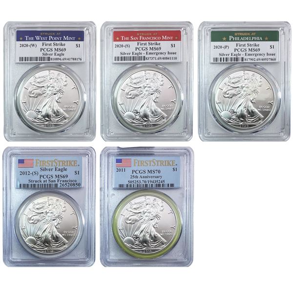 2011-2020 GEM BU Silver Eagle [5 Coins] PCGS MS69/70