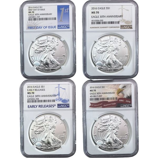 2016 GEM Bu Silver Eagle [4 Coins] NGC MS70