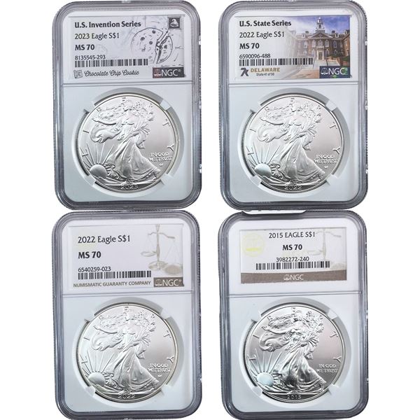 2015-2023 GEM Bu Silver Eagle [4 Coins] NGC MS70