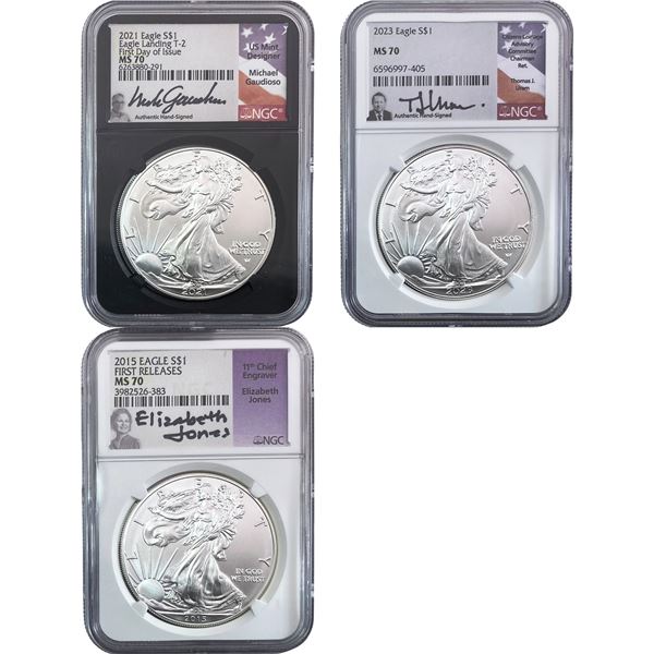 2015-2023 GEM BU Silver Eagle [3 Coins] NGC MS70 Signed Label