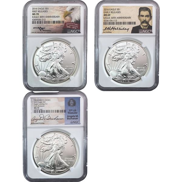 2016-2021 GEM BU Silver Eagle [3 Coins] NGC MS69/70