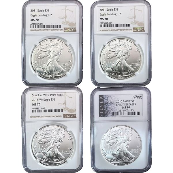 2010-2021 GEM BU Silver Eagle [4 Coins] NGC MS70