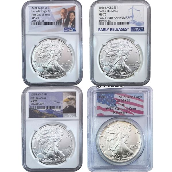 1991-2021 GEM BU Silver Eagle [4 Coins] NGC/PCGS MS69/70