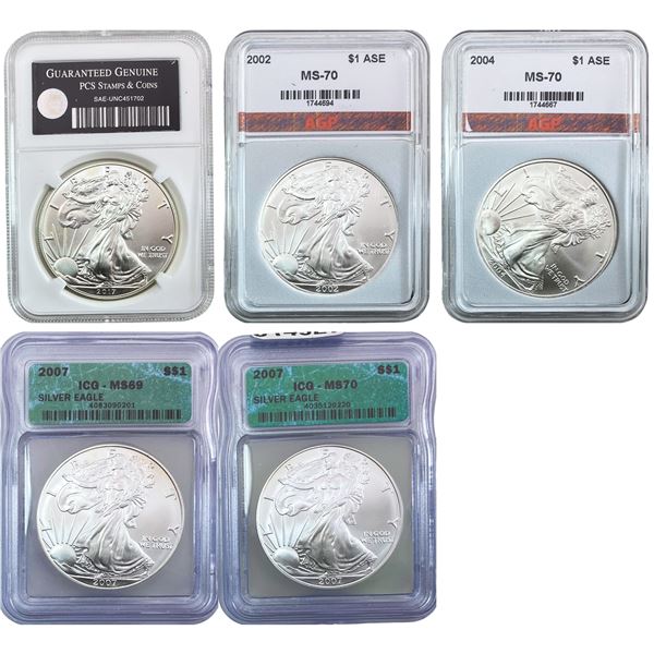 2002-2017 GEM BU Silver Eagle [5 Coins] ICG MS69/70