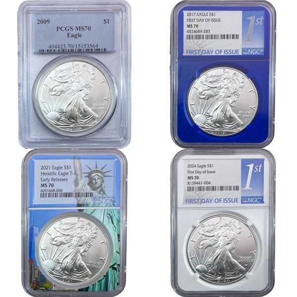 2009-2024 GEM BU Silver Eagle [4 Coins] NGC/PCGS MS70