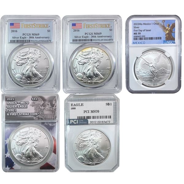 1999-2022 GEM BU Silver Eagle/1 Onza [5 Coins] NGC/PCGS/ANACS/PCI MS69/70