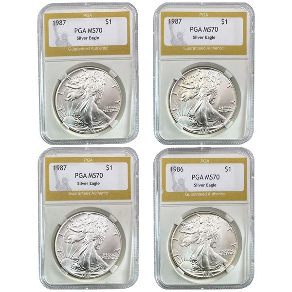 1986-1987 GEM BU Silver Eagle [4 Coins] PGA MS70