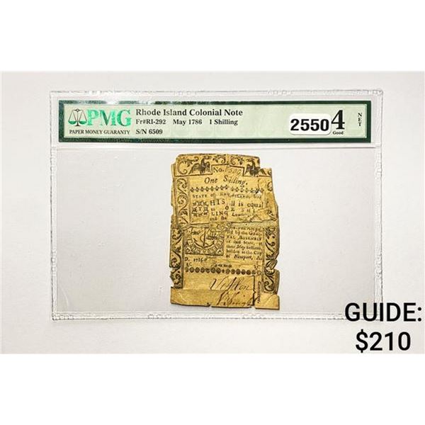 1786 1 Shilling R.I. Colonial Note PMG 4 NET
