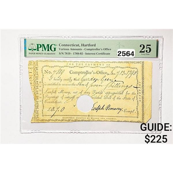 1789-92 Vari. Amounts Interest Certificate- CT PMG FV 25