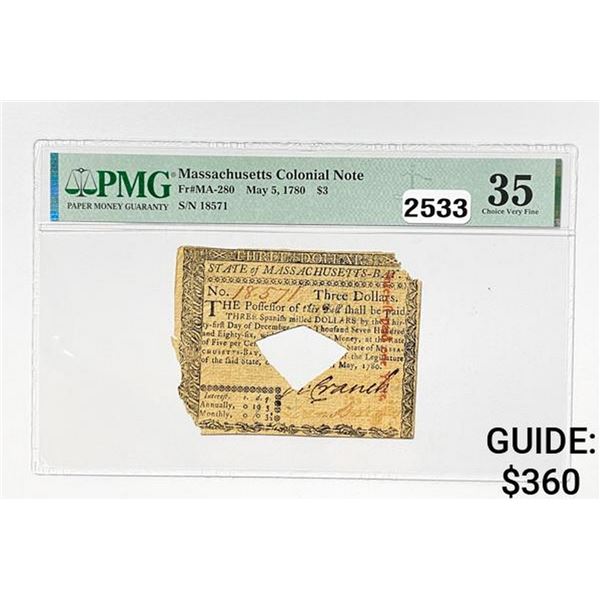1780 $3 Massachusetts Colonial Note PMG 35 VF+