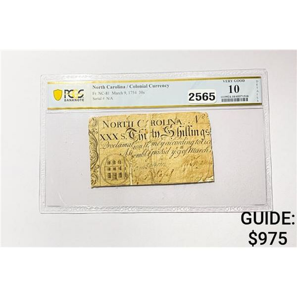 1754 30 Shillings N.C. Colonial Currency VG 10