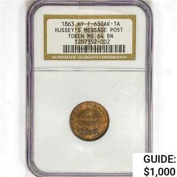 1863 NY Token F-630AK-1A NGC MS64 BN