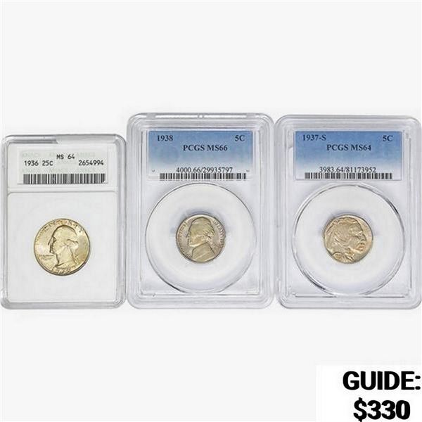 [3] 1936-1938 2 5C, 1 25C ANACS/PCGS MS64/66