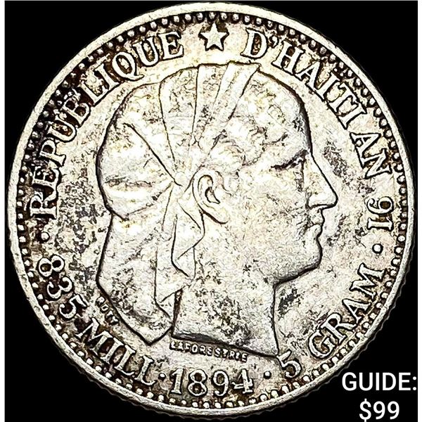 1894 Haiti Silver 20 Centimes 0.8350oz NEARLY UNCIRCULATED