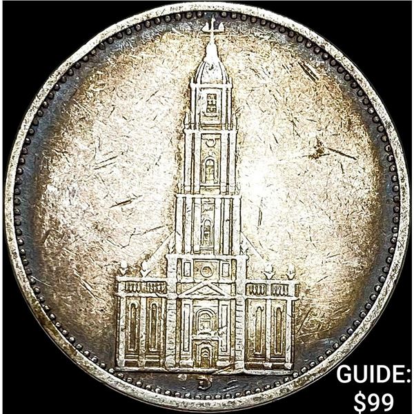 1934-D Germany Silver 5 Reichsmark CLOSELY UNCIRCULATED