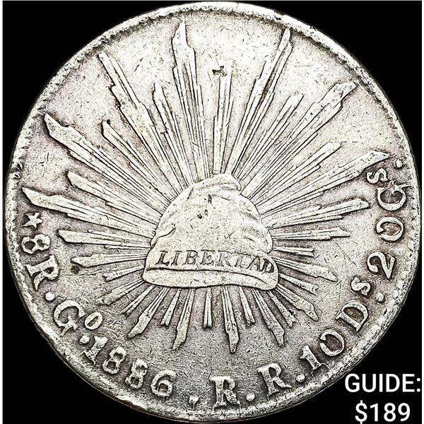 1886-Go RR Mexico Silver 8 Reales Cap and Rays NEARLY UNCIRCULATED