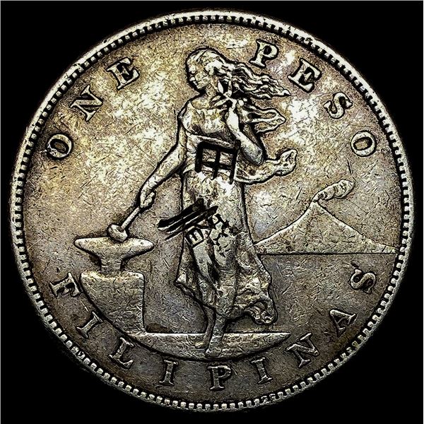 1903-S Philippine Silver 1 Peso with Chop Marks NEARLY UNCIRCULATED