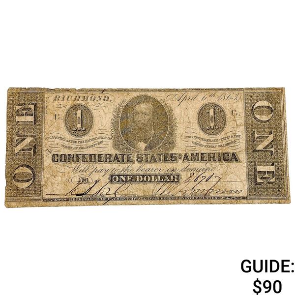 1863 $1 Confederate States of America Note 4