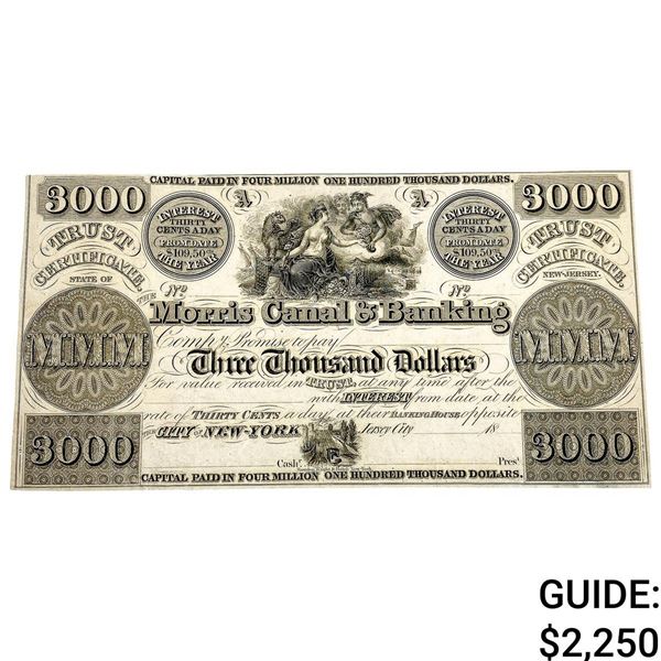 1800's $3000 Morris Canal&Banking Trust Certif.