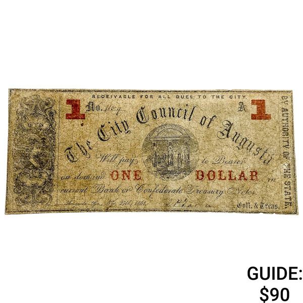1861 $1 City Council Of Augusta Confed. Note 2