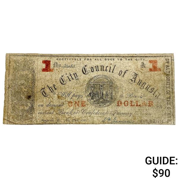 1861 $1 City Council of Augusta Confederate Note 4