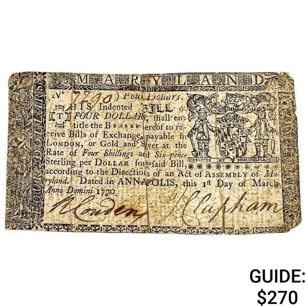1770 $4 Maryland Colonial Note 4