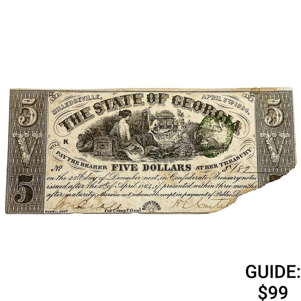 1864 $5 State of Georgia Confederate Note 3