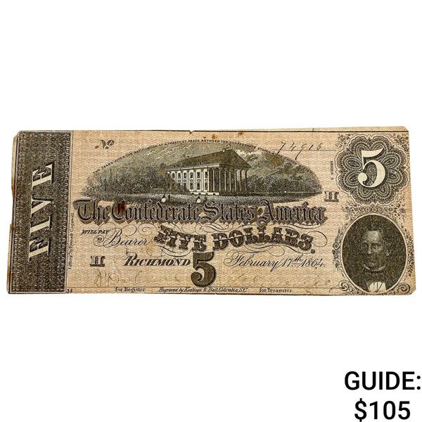 1864 $5 Confed. States of America Note-Richmond 5