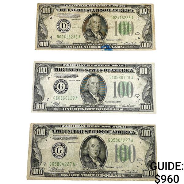 [3 Notes] 1934 $100 U.S. Federal Reserve Note