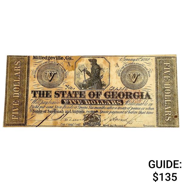 1862 $5 State of Geogia Note-Milledgeville 5