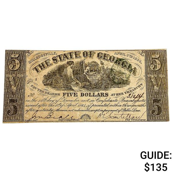 1864 $5 State of Georgia Confederate Note 4