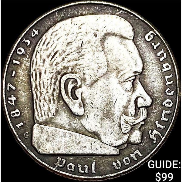 1937-G Germany Hindenburg Silver 5 Reichsmark CLOSELY UNCIRCULATED