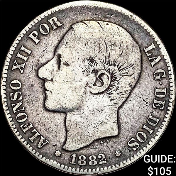 1882 Spain Alfonso XII Silver 5 Peseta NEARLY UNCIRCULATED
