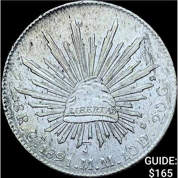 1891Ga MM Mexico Silver 8 Reales Cap & Ray CHOICE AU