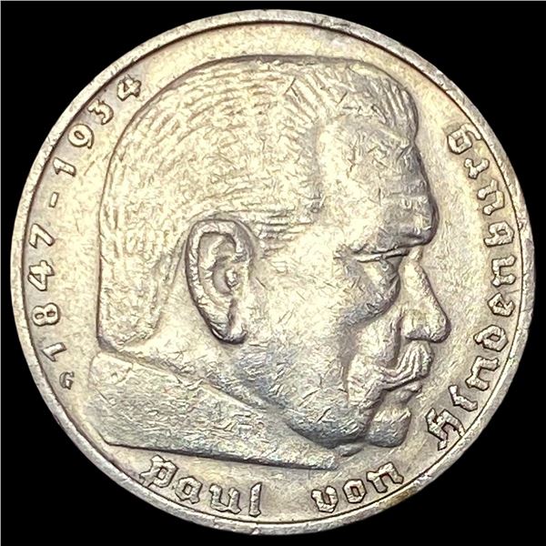 1936-G Germany Silver 5 Reichsmark CLOSELY UNCIRCULATED