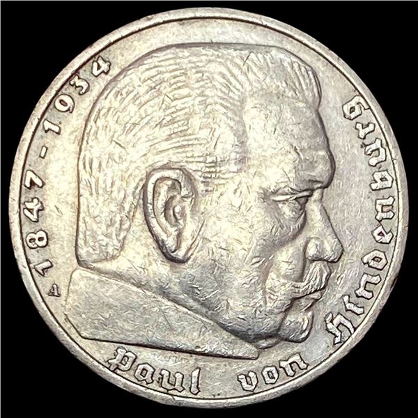 1936-A Germany Silver 5 Reichsmark CLOSELY UNCIRCULATED