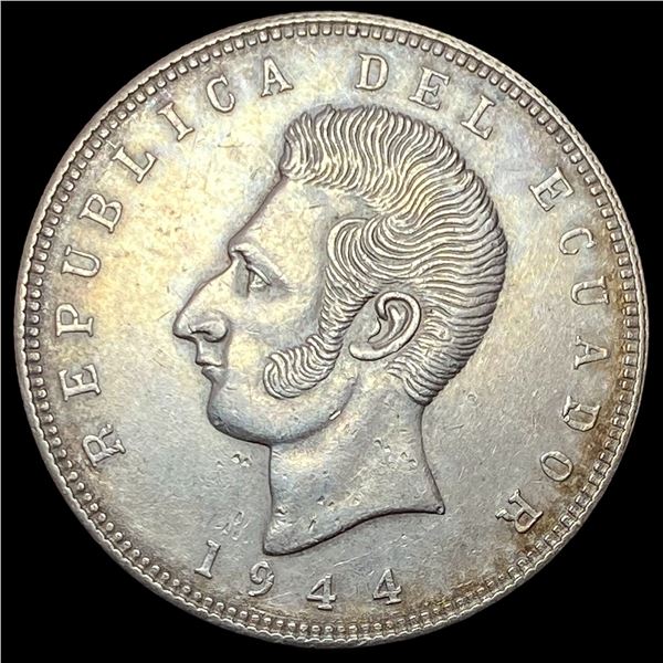 1944 Ecuador Silver 5 Sucres CHOICE AU