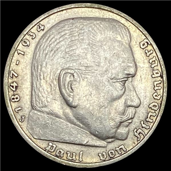 1936-J Germany Silver 5 Reichsmark CLOSELY UNCIRCULATED