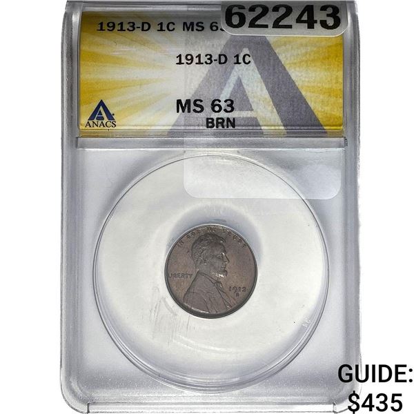 1913-D Wheat Cent ANACS MS63 BRN