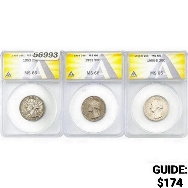 [3 Coins]1950-1953 Washington Silver Quarter  MS65-66