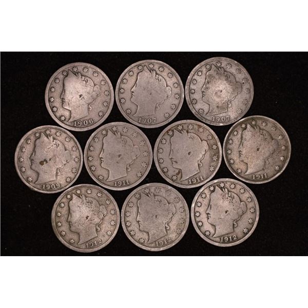 10 LIBERTY "V" NICKELS: 1906-1912