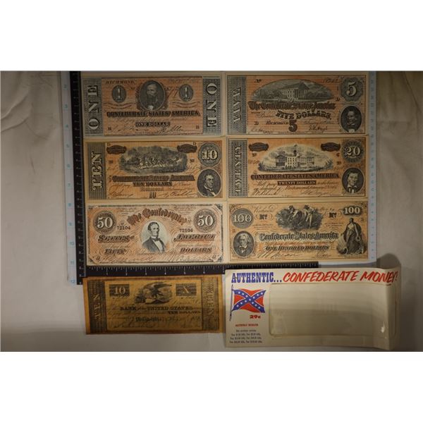 7 PIECES OF RECREATED CONFEDERATE BILLS IN