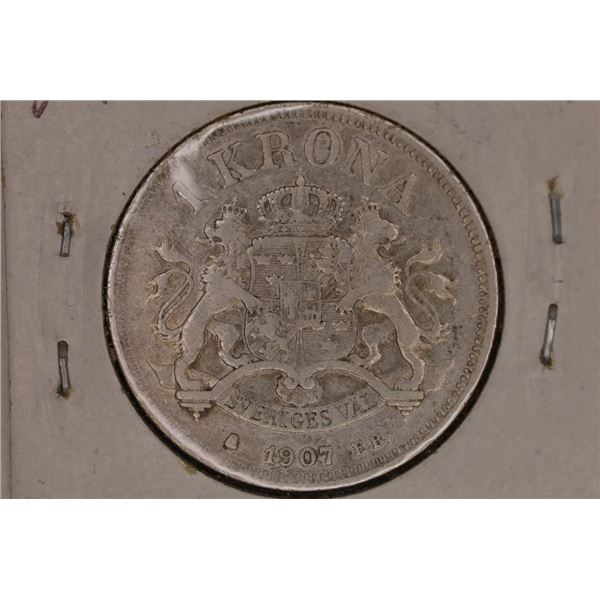 1907 SILVER SWEDEN 1 KRONA .1929 OZ. ASW