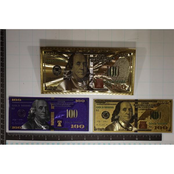 3-GOLD 999999 FOIL PIECES: 2-$100 US BILLS-ONE